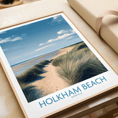 Holkham Beach Norfolk Poster | North Norfolk Shoreline Nature Canvas Print featuring golden sands and coastal grass.