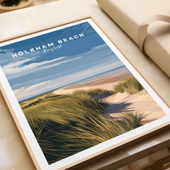 Holkham Beach Norfolk Travel Poster | Serene Beach Pathway Wall Art Print showcasing dunes and coastal scenery.