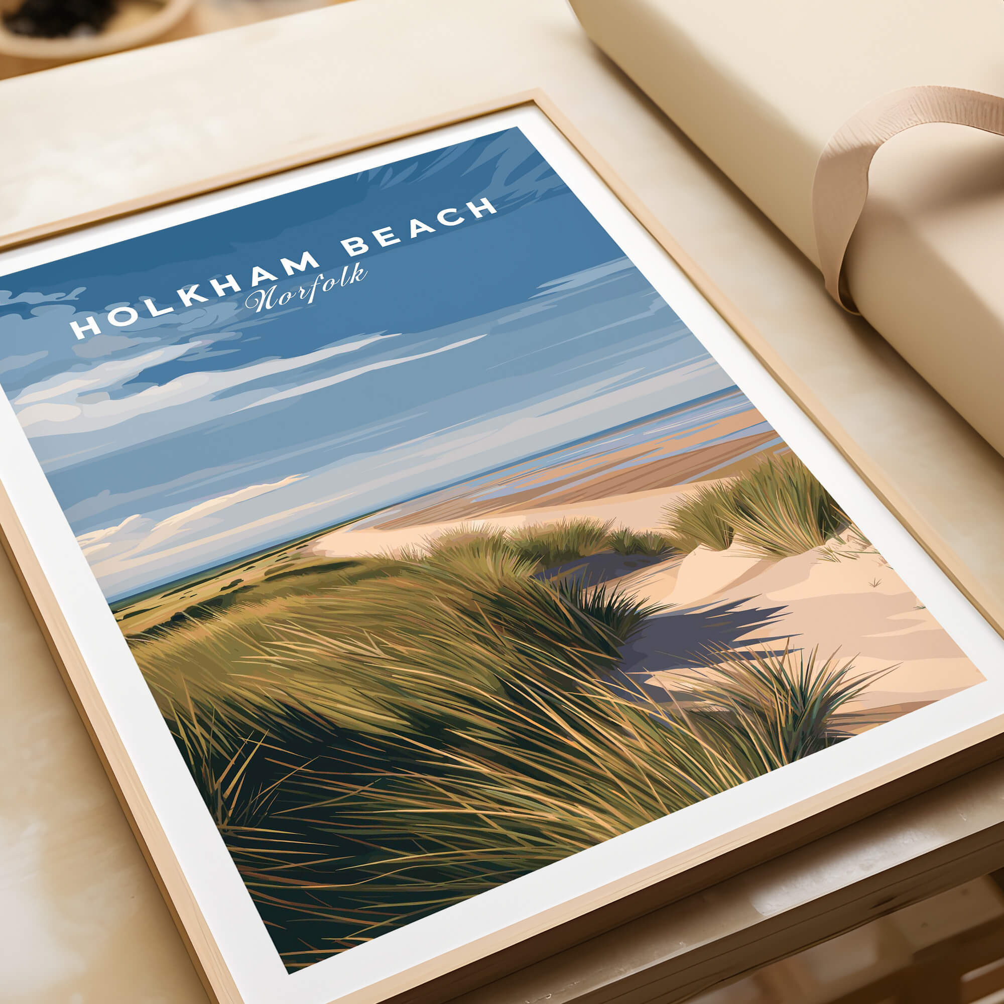 Holkham Beach Norfolk Travel Poster | Serene Beach Pathway Wall Art Print showcasing dunes and coastal scenery.