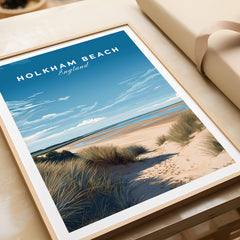 Holkham Beach Norfolk Wall Art Print | British Beach Travel Poster in a frame showcasing Norfolk's coastline.