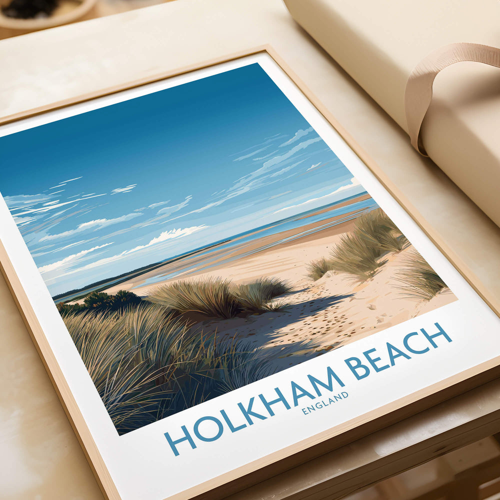 Holkham Beach Norfolk Poster | Serene Coastal Landscape Canvas Print featuring serene sands and gentle skies.