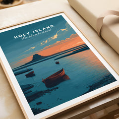 Holy Island Northumberland Wall Art Print | Lindisfarne Sunset Travel Poster featuring boats at sunset in a serene landscape.