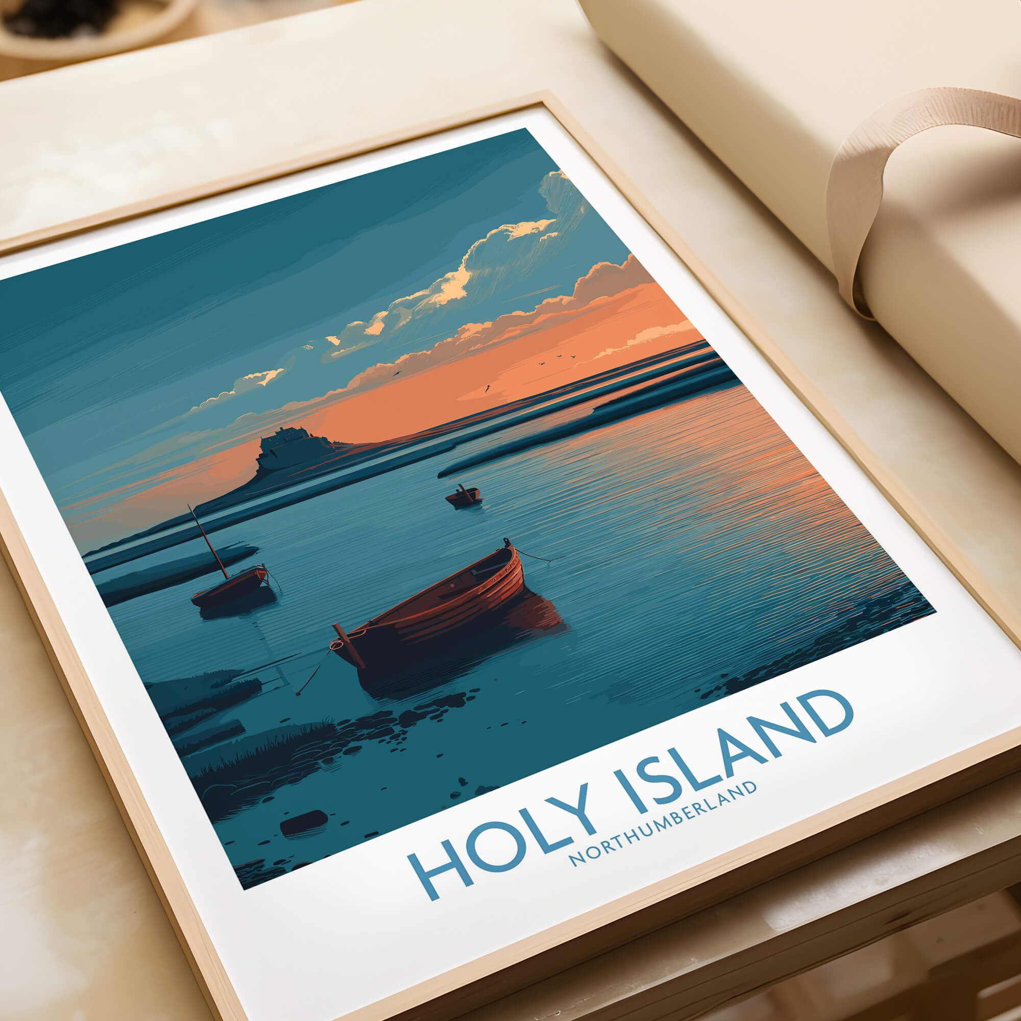 Holy Island Northumberland Poster | Coastal Castle Sunset Canvas Print showcasing a serene sunset over boats and water.