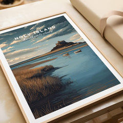 Holy Island Northumberland Travel Poster | Lindisfarne Castle Wall Art Print featuring scenic coastal view and castle.