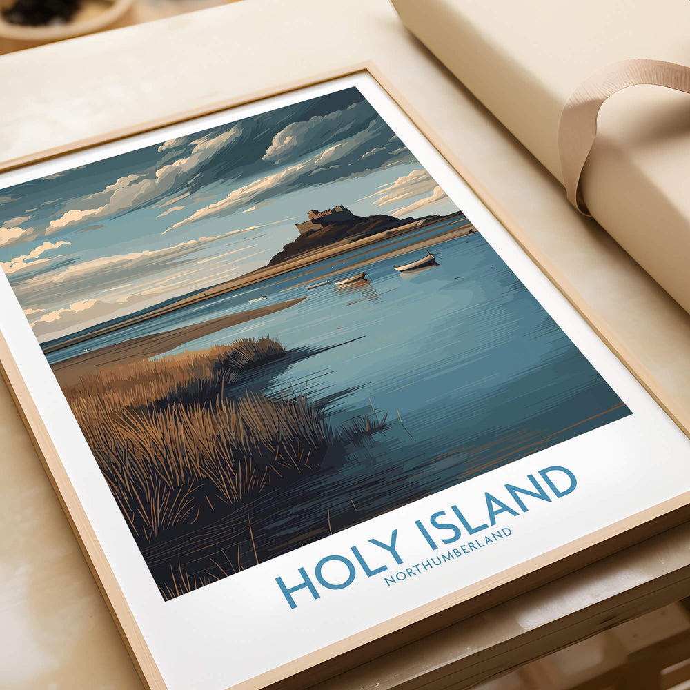 Holy Island Northumberland Poster | Historic England Coast Canvas Print featuring a serene coastal landscape.
