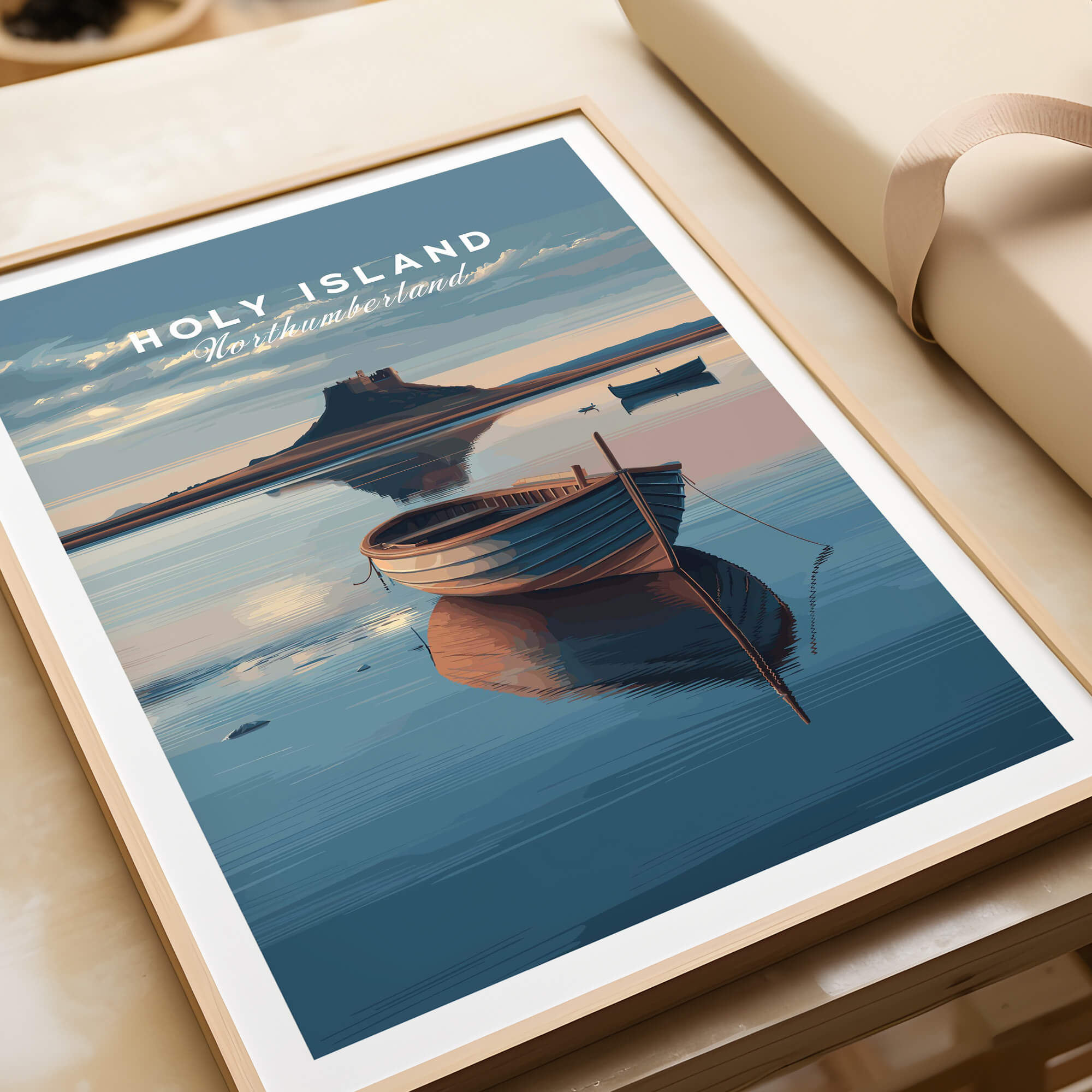 Holy Island Northumberland Wall Art Print | Serene Boat Scene Travel Poster showcasing a tranquil boat in calm waters.