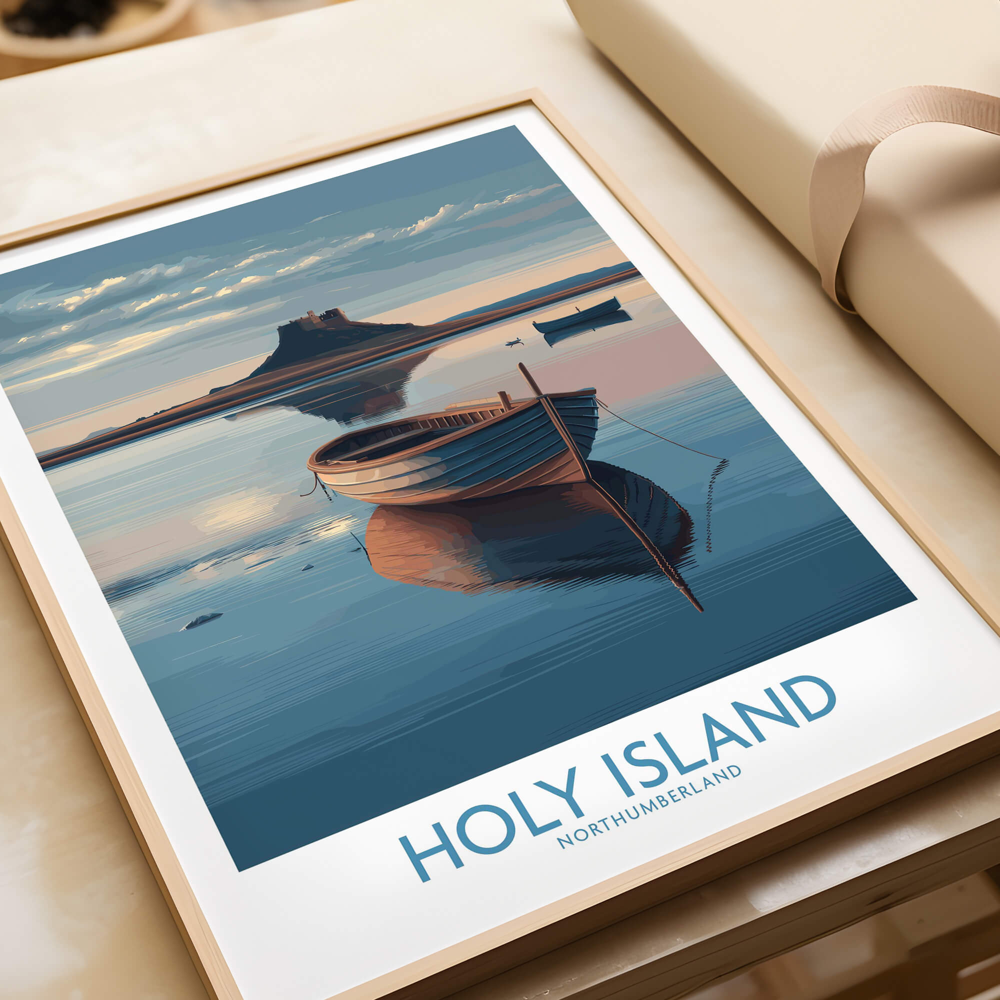Holy Island Poster Northumberland | Lindisfarne Canvas Print featuring a serene boat scene at Lindisfarne.
