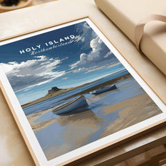 Holy Island Travel Poster Northumberland | Coastal Landscape Wall Art Print featuring boats and dramatic clouds.