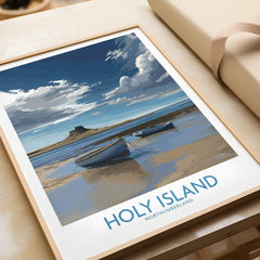 Holy Island Northumberland Poster | North Sea Coast Canvas Print displayed with boats on the beach and scenic sky.