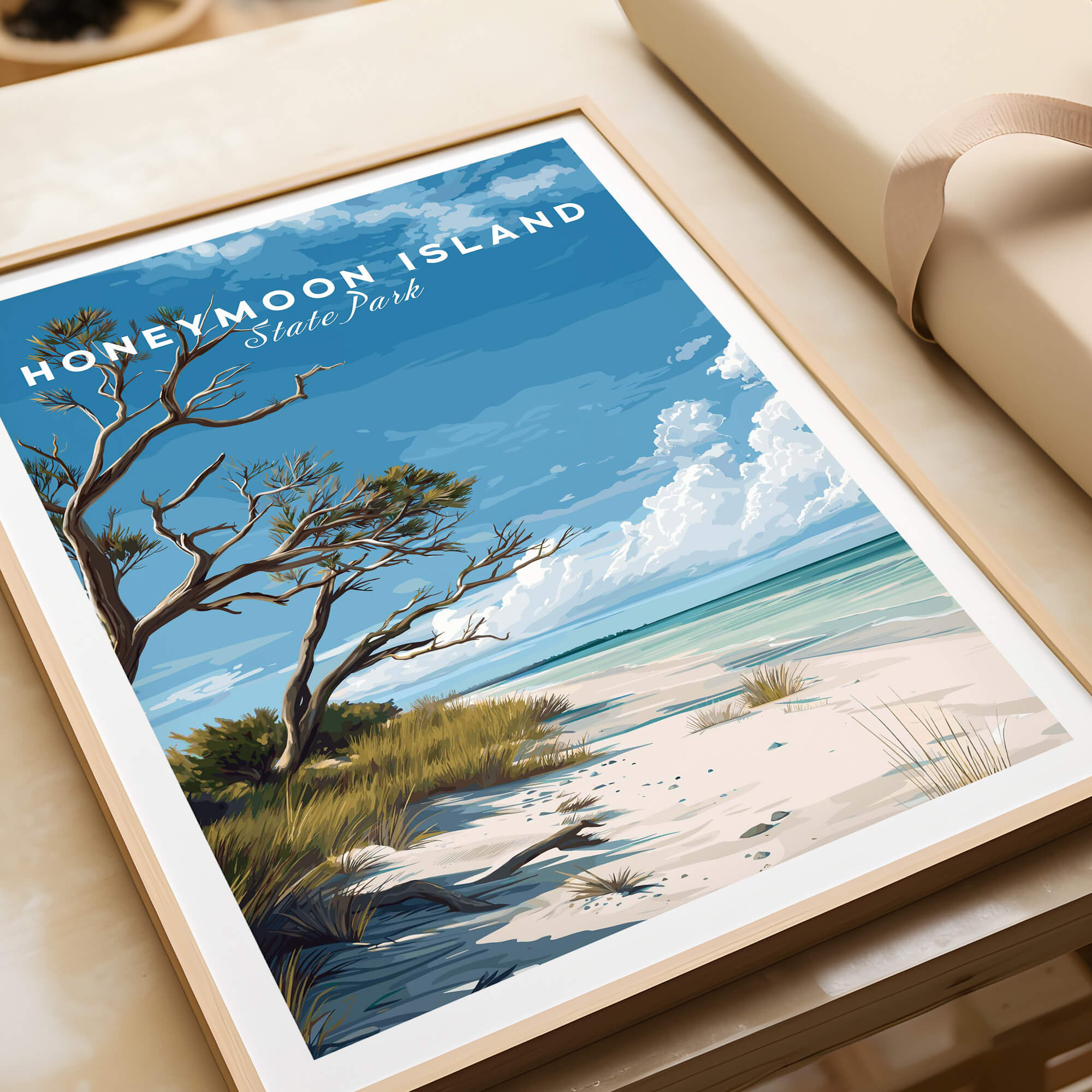 Honeymoon Island Wall Art Print | Florida Tropical Beach Travel Poster featuring serene beach and greenery