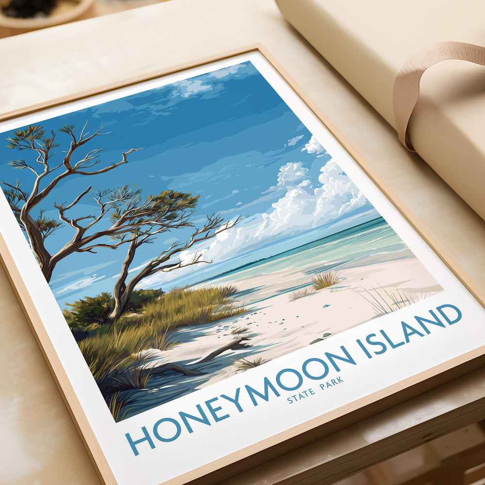 Honeymoon Island Poster | Florida State Park Coastline Canvas Print featuring serene beach and vibrant blue sky.