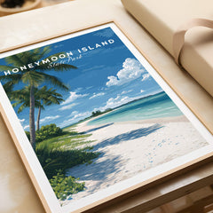 Honeymoon Island Travel Poster | Florida Beach Wall Art Print featuring a serene beach scene with palm trees.
