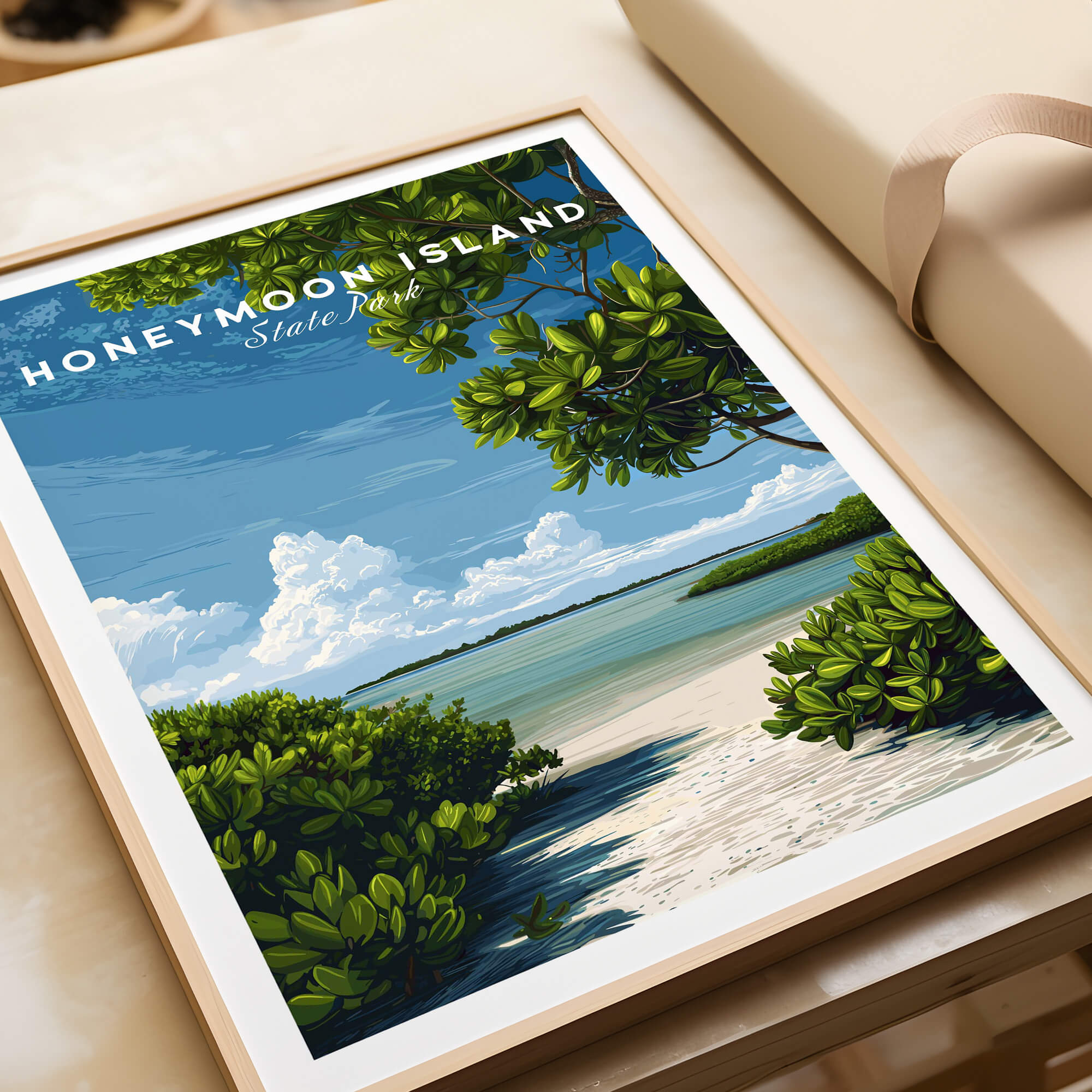 Honeymoon Island Florida Travel Poster | Mangrove Coast Wall Art Print featuring lush mangroves and pristine shores.