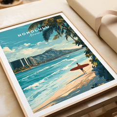 Honolulu Wall Art Print | Waikiki Beach Hawaii Travel Poster featuring a surfer at Waikiki Beach.