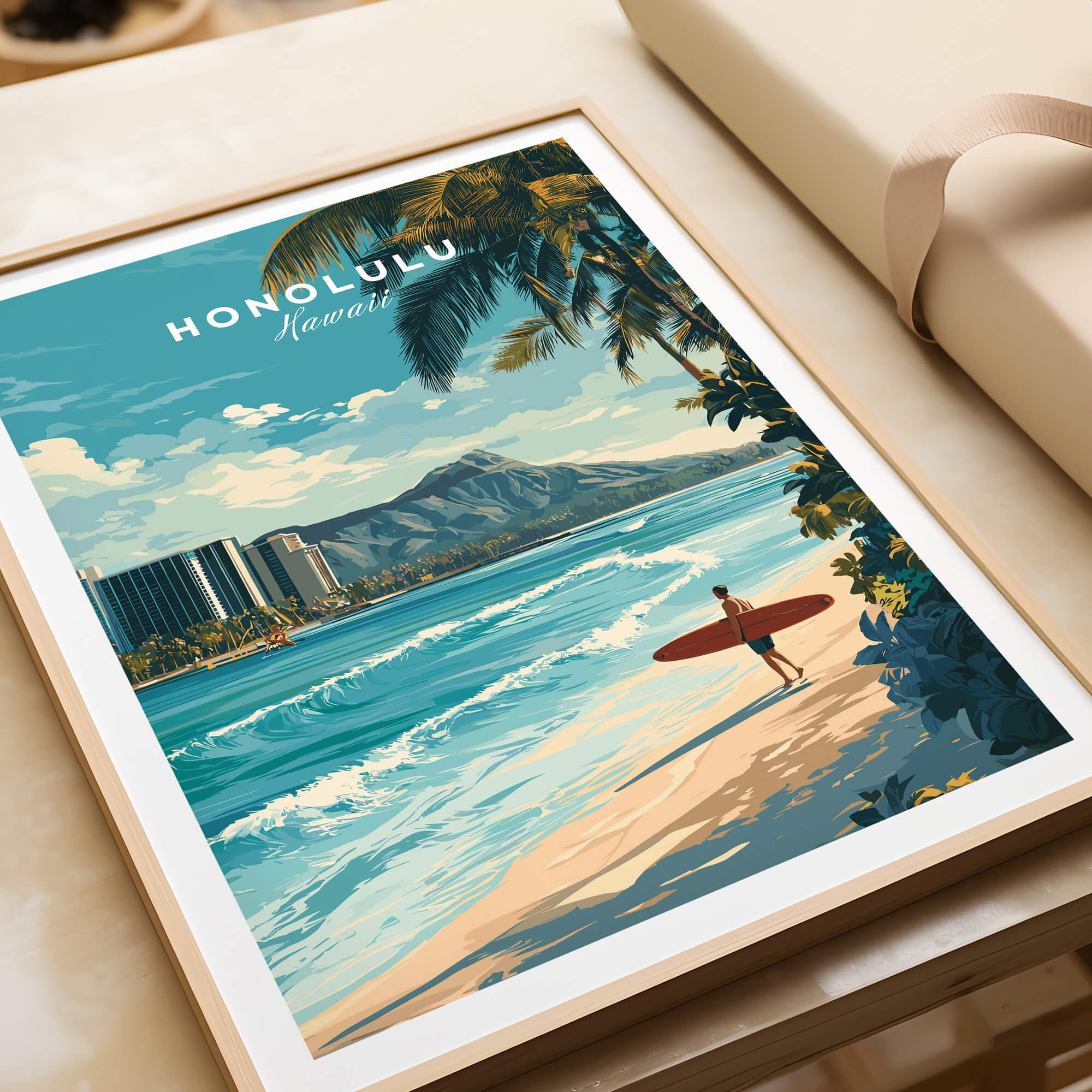 Honolulu Wall Art Print | Waikiki Beach Hawaii Travel Poster featuring a surfer at Waikiki Beach.