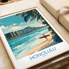 Honolulu Poster | Hawaii Surfing Canvas Print featuring a surfer on the beach with vibrant ocean scenery.