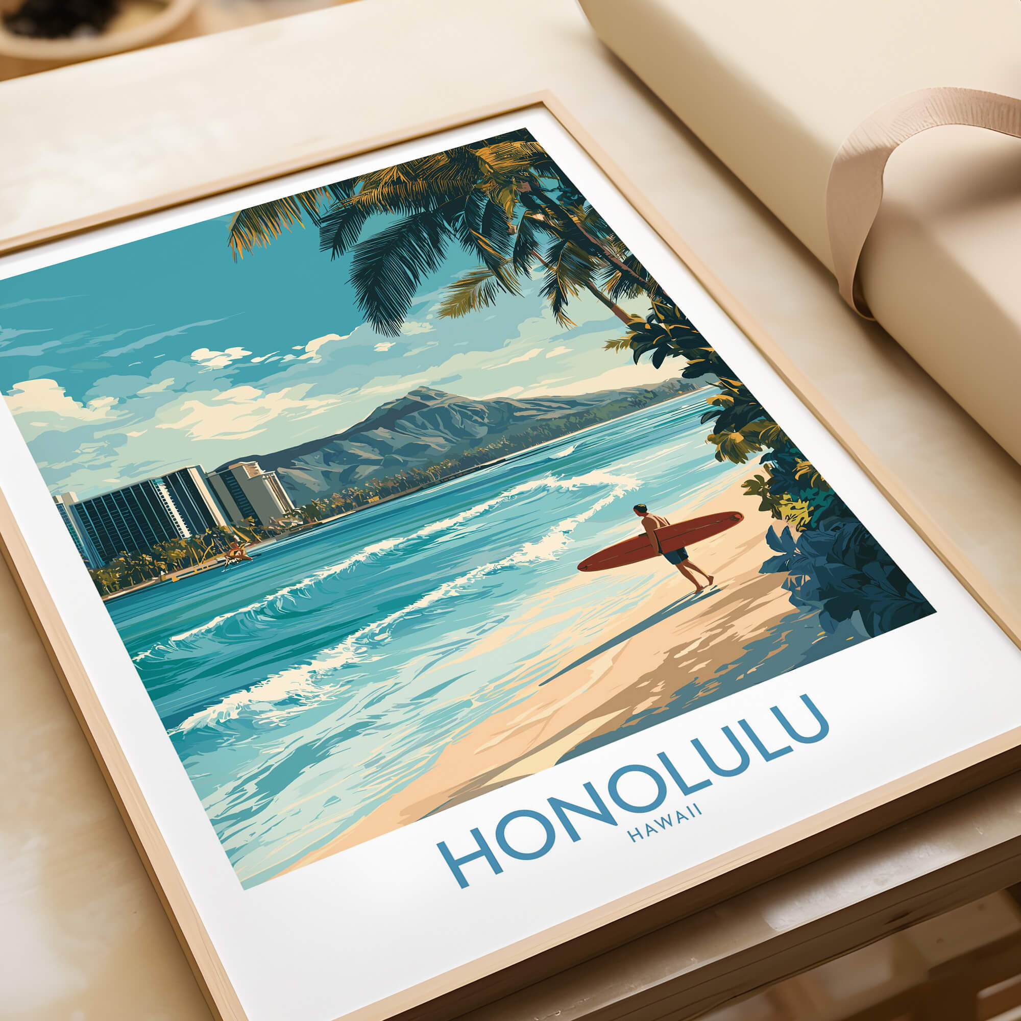 Honolulu Poster | Hawaii Surfing Canvas Print featuring a surfer on the beach with vibrant ocean scenery.