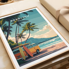 Honolulu Hawaii Travel Poster | Surf Van Beach Wall Art Print featuring a surf van and palm trees by the beach.