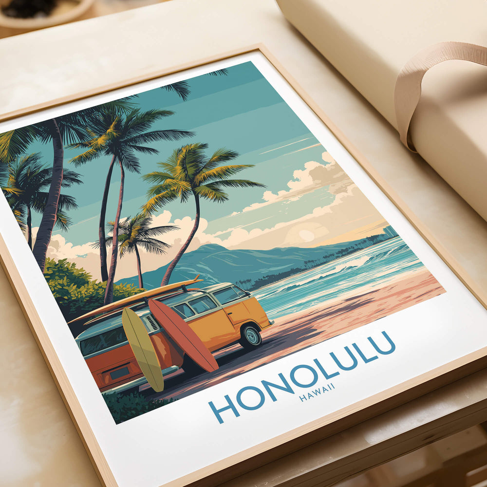 Honolulu Hawaii Poster | Vintage Aloha Style Canvas Print showcasing a vibrant beach scene with palm trees and a vintage van.