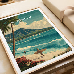Honolulu Hawaii Wall Art Print | Waikiki Beach Surf Travel Poster featuring surfers and tropical scenery.