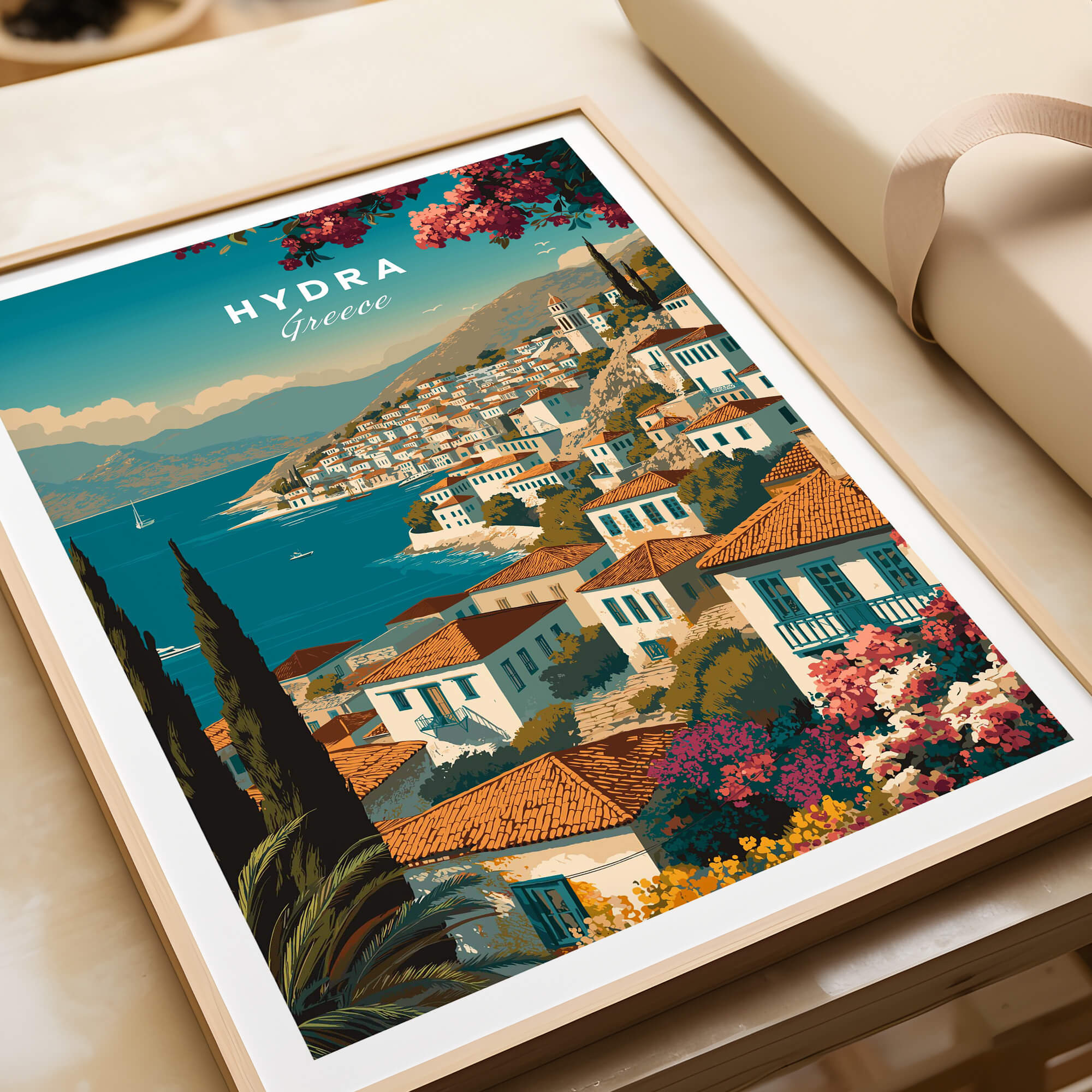 Hydra Greece Wall Art Print | Mediterranean Coastal Town Travel Poster showcasing whitewashed buildings and blue sea.