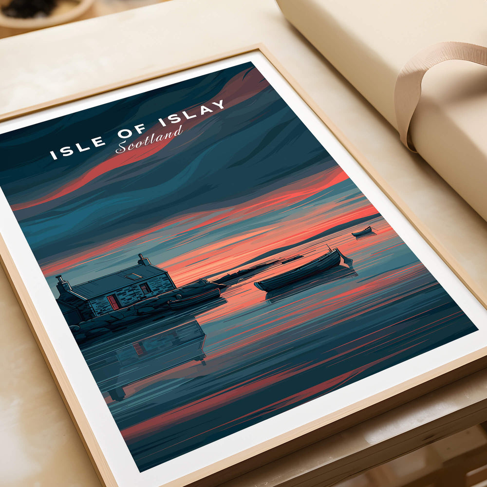 Isle of Islay Scotland Travel Posters | Highland Coastal House Wall Art Print featuring a picturesque sunset and boats.