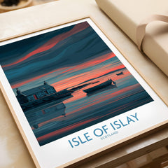 Isle of Islay Scotland Posters | Scottish Hebrides Seascape Canvas Print featuring a tranquil sunset over boats.