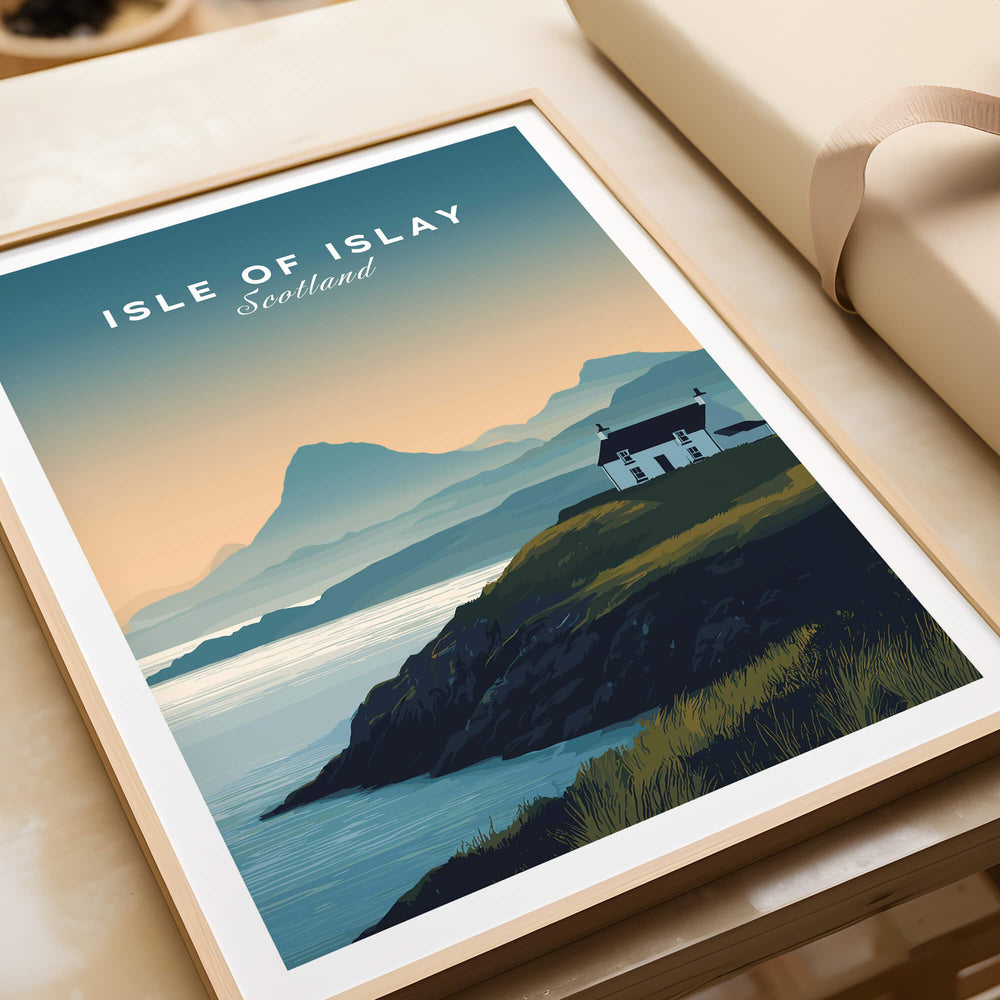 Isle of Islay Scotland Travel Poster showcasing dramatic coastlines and scenic landscapes.