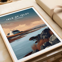 Isle of Islay Scotland Travel Posters | Scenic Coastal Cottage Wall Art Print showcasing a picturesque seaside cottage.