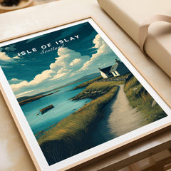 Isle of Islay Scotland Wall Art Print | Coastal Path Travel Poster showcasing a scenic coastal view with a house and boat.