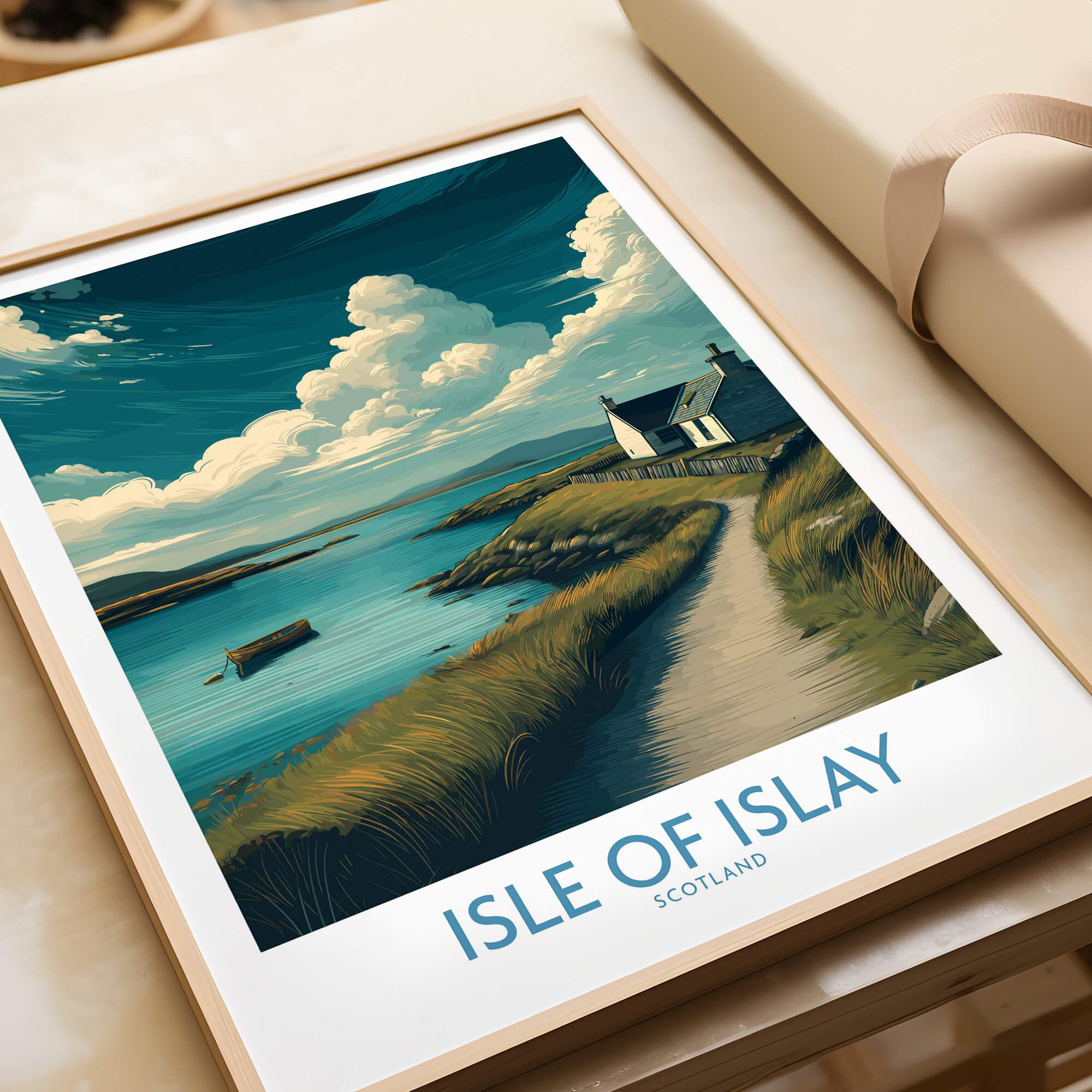 Isle of Islay Scotland Poster | Scottish Seaside Village Canvas Print featuring a scenic coastal landscape.