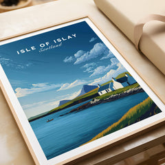Isle of Islay Scotland Travel Posters | Sunny Coastal Wall Art Print featuring a scenic coastal view.