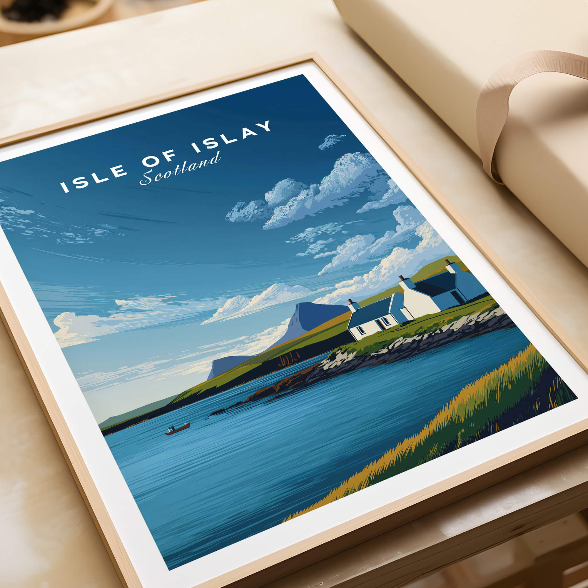 Isle of Islay Scotland Travel Posters | Sunny Coastal Wall Art Print featuring a scenic coastal view.
