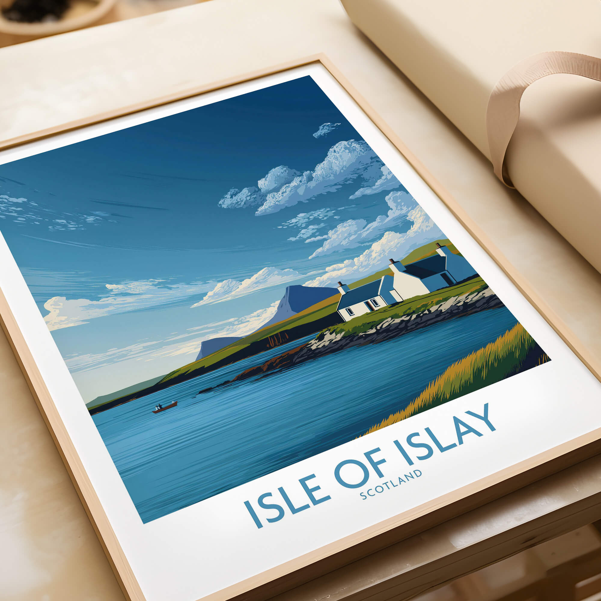 Isle of Islay Scotland Canvas Print | Scottish Hebrides Poster featuring scenic coastal view and blue skies.