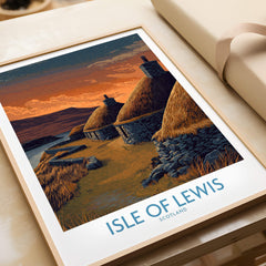 Isle of Lewis Scotland Canvas Print | Outer Hebrides Norse Mill Poster showcasing traditional thatched houses at sunset.