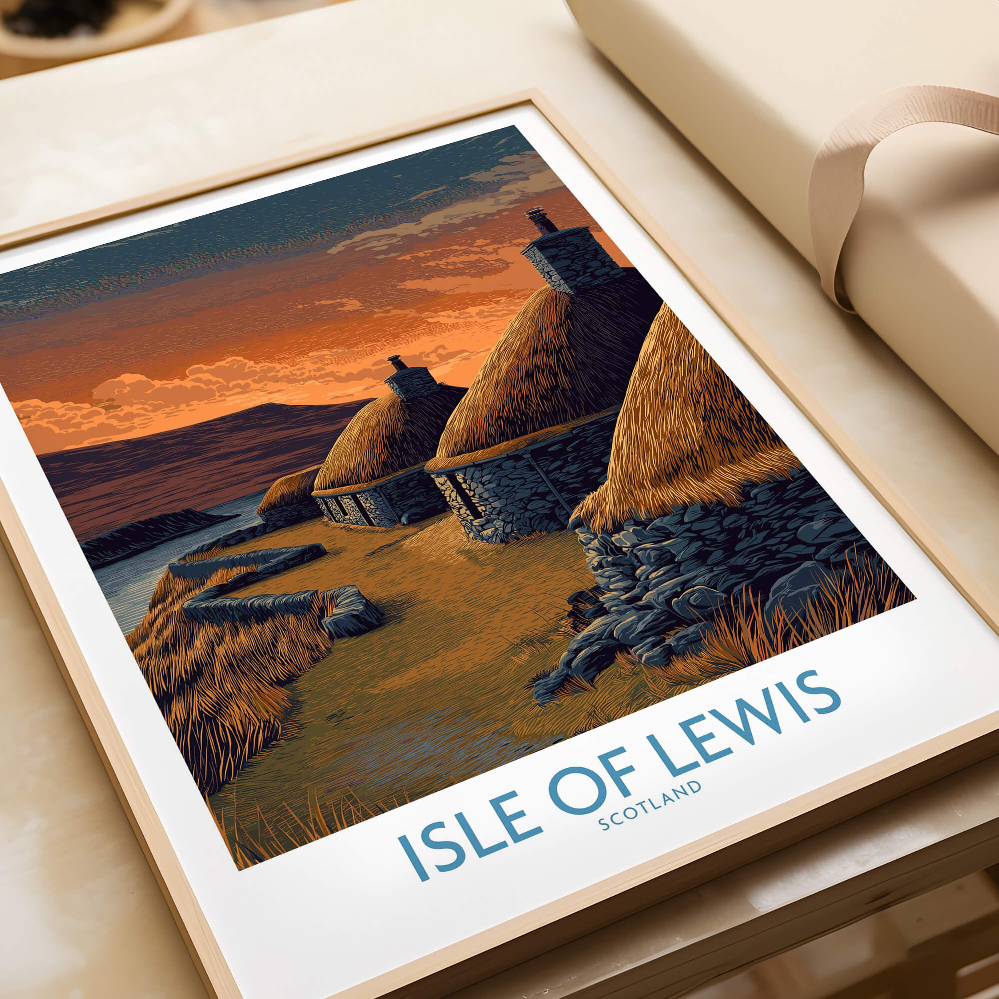Isle of Lewis Scotland Canvas Print | Outer Hebrides Norse Mill Poster showcasing traditional thatched houses at sunset.