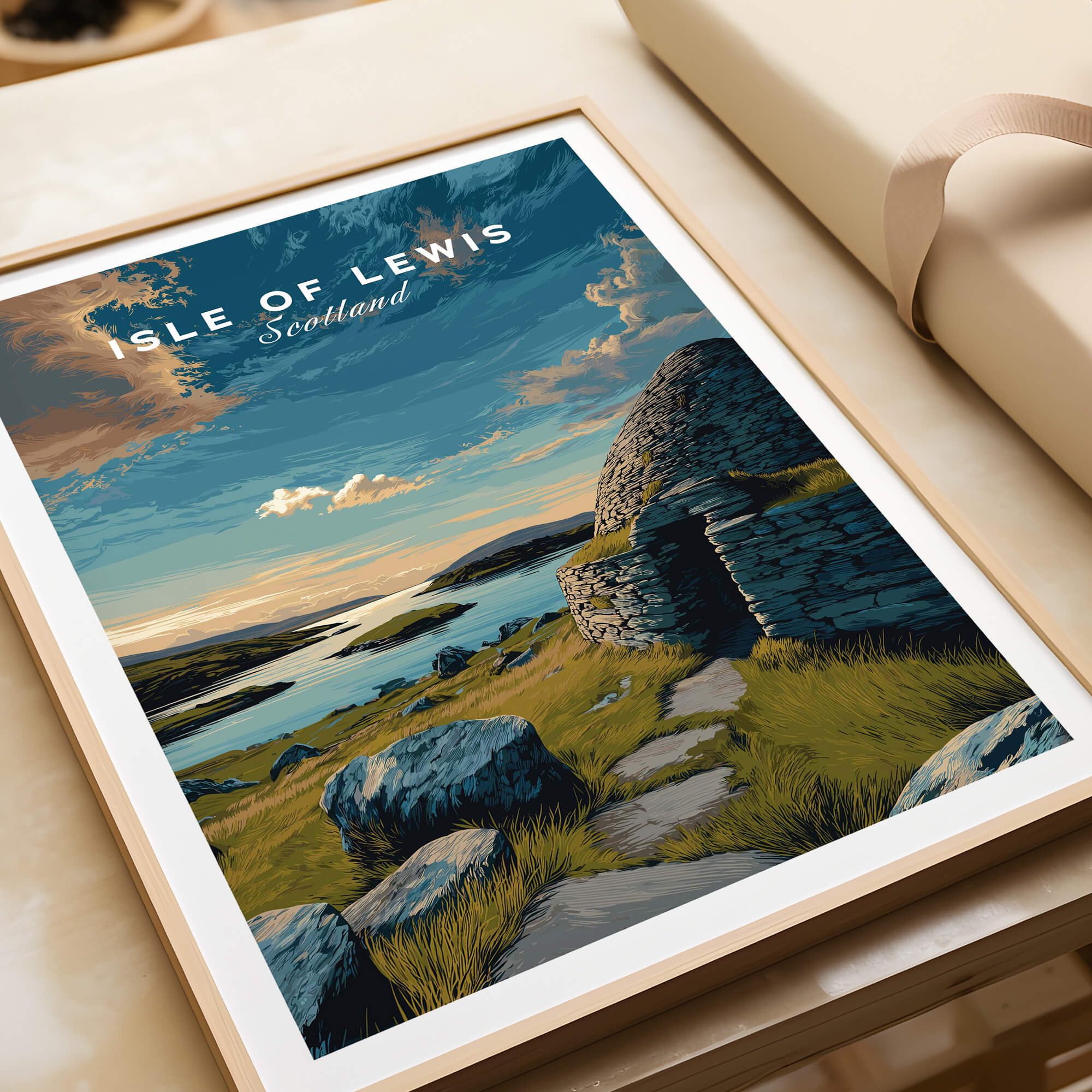 Isle of Lewis Scotland Travel Poster | Gearrannan Blackhouse Wall Art Print featuring scenic landscape and historic stone structure.