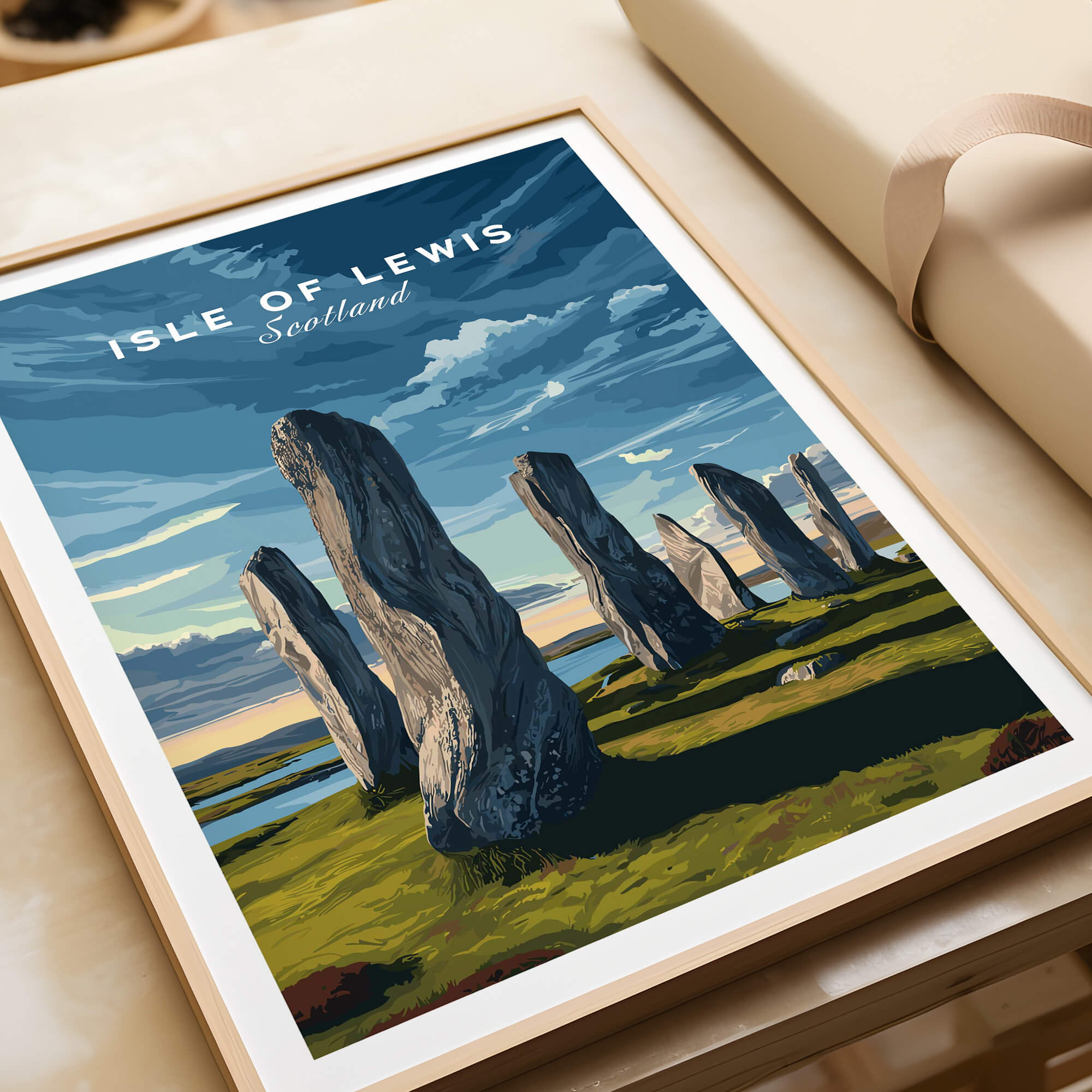 Isle of Lewis Scotland Wall Art Print | Callanish Standing Stones Travel Poster featuring megaliths under a dramatic sky.