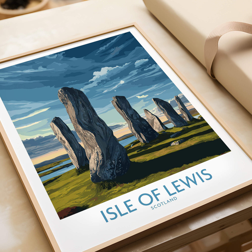 Isle of Lewis Scotland Poster | Ancient Megalithic Site Canvas Print featuring standing stones against a dramatic sky.