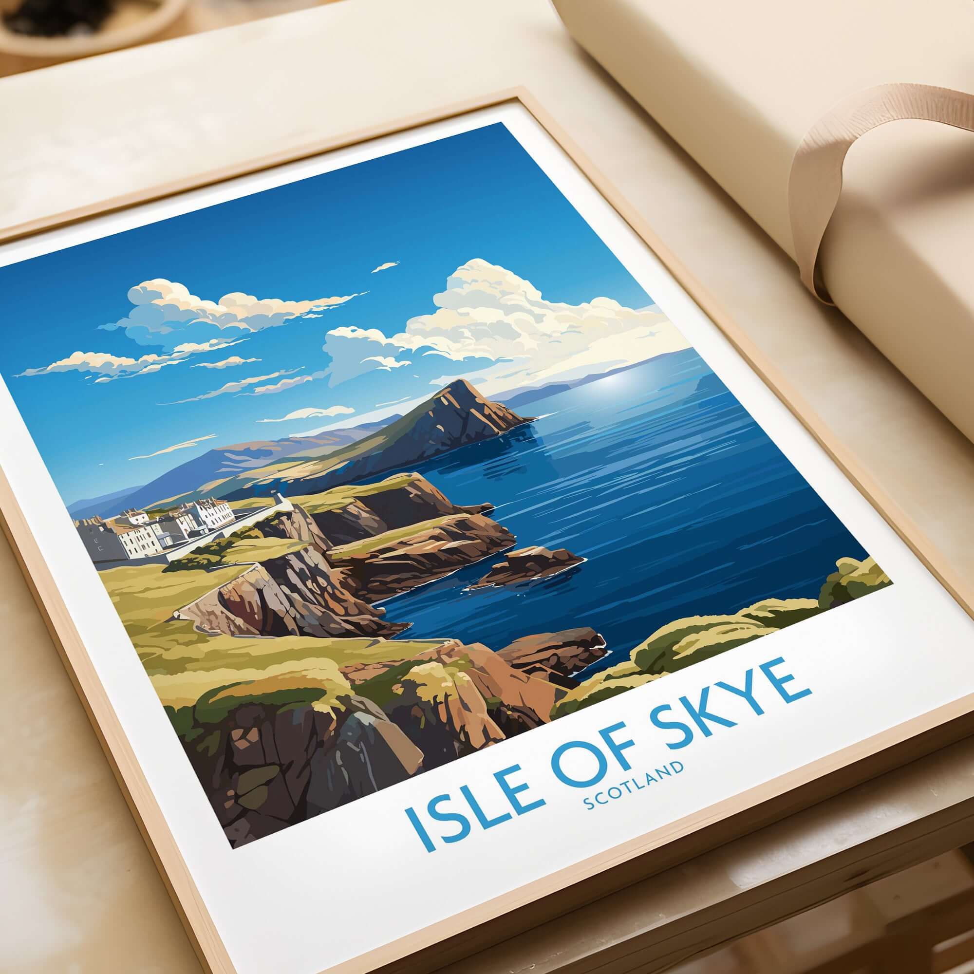 Isle of Skye Poster Modern showcasing a scenic view of the Isle of Skye, Scotland with vibrant colors and a modern design.