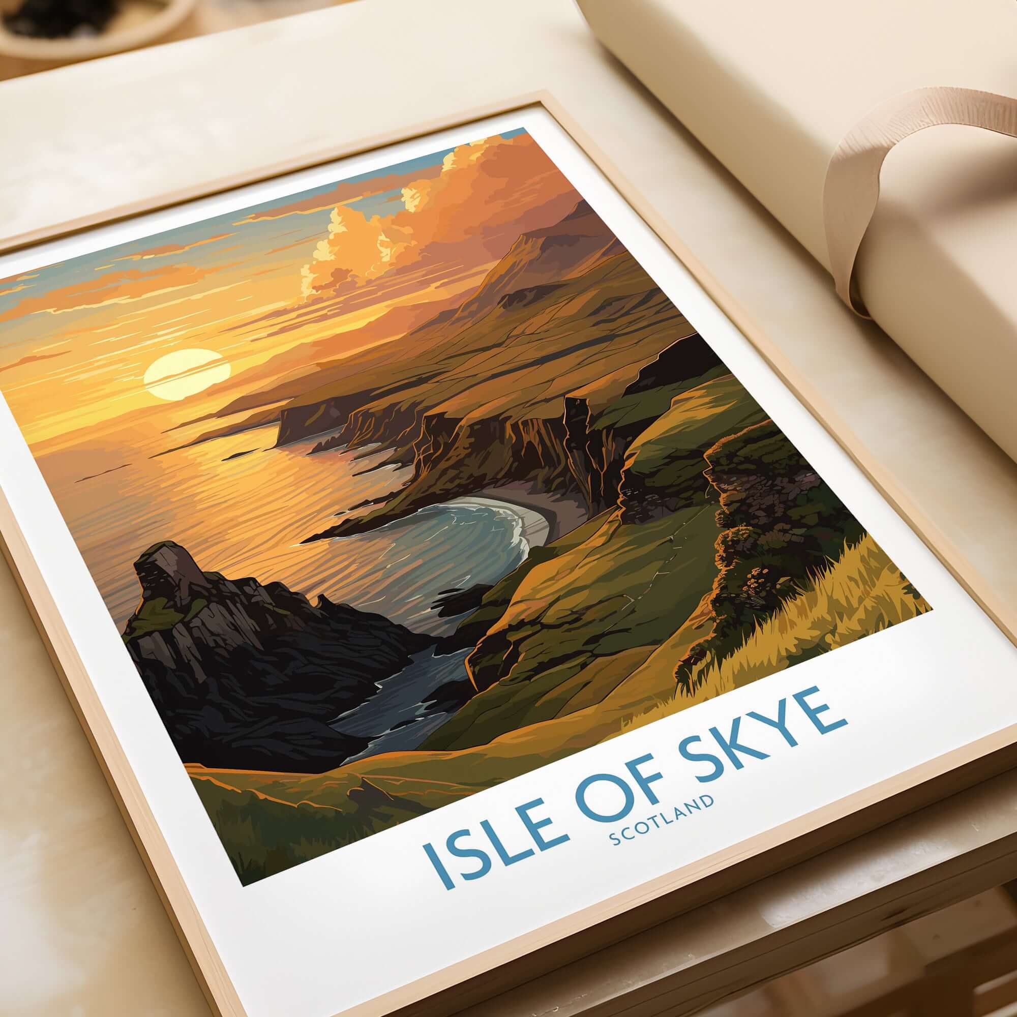 Isle of Skye Wall Art Print featuring a vibrant sunset over the scenic coastline of Scotland.