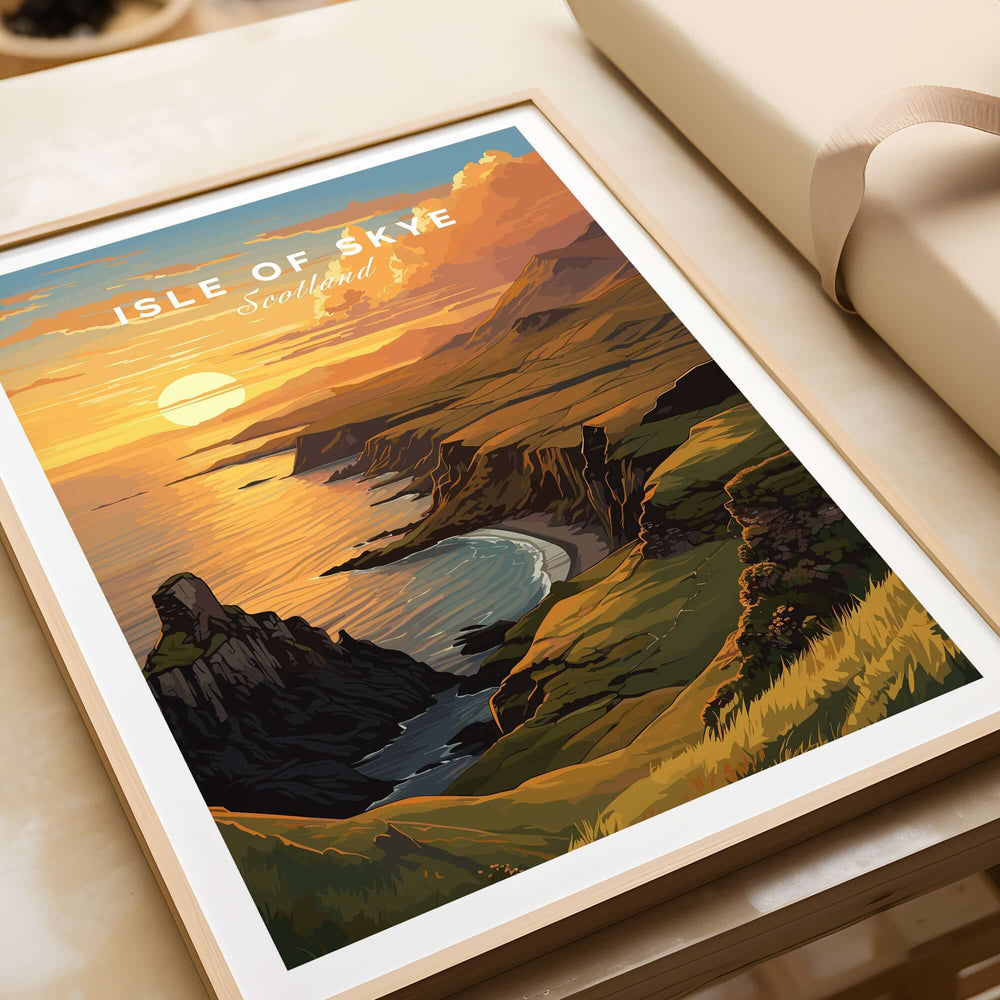 Isle of Skye Art Print showcasing a sunset over rugged cliffs and vibrant coastal scenery in Scotland.