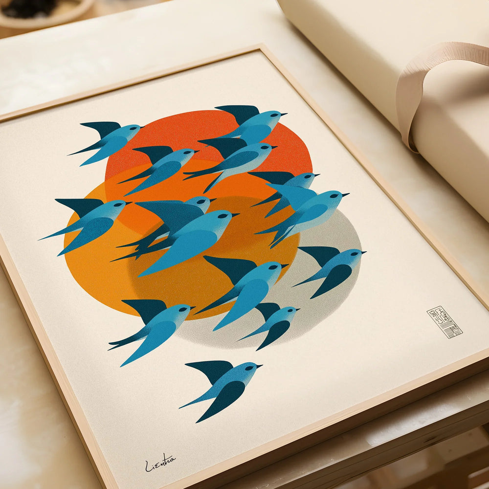 Framed Japanese bird art print with blue birds and orange sun, modern wall decor