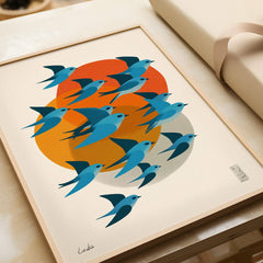 Framed Japanese bird art print with blue birds and orange sun, modern wall decor