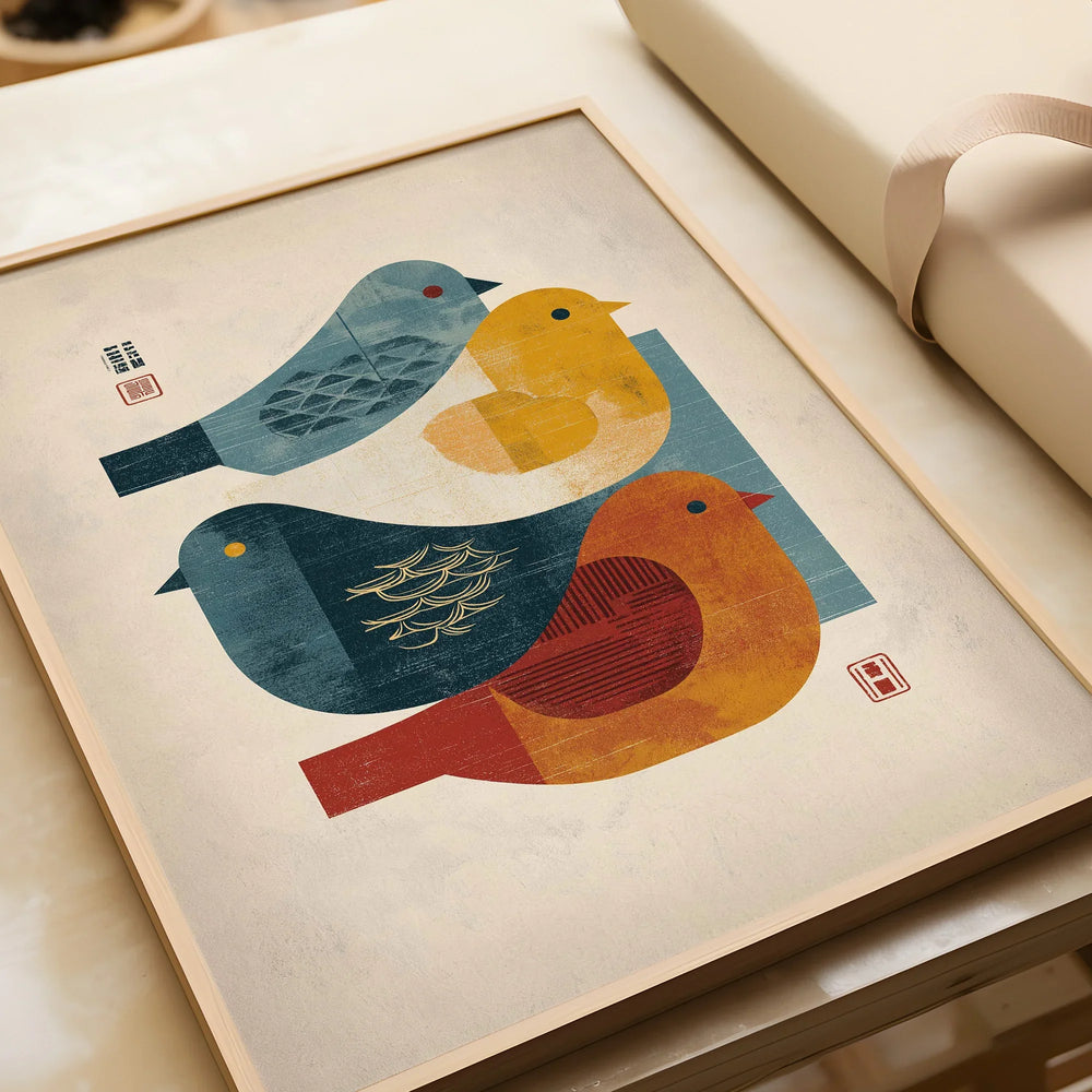 Framed art print featuring three stylized colorful birds in a Japanese-inspired design.