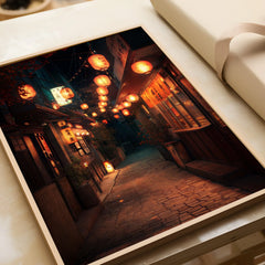Framed art print of a Japanese street at night with glowing lanterns and shop signs.