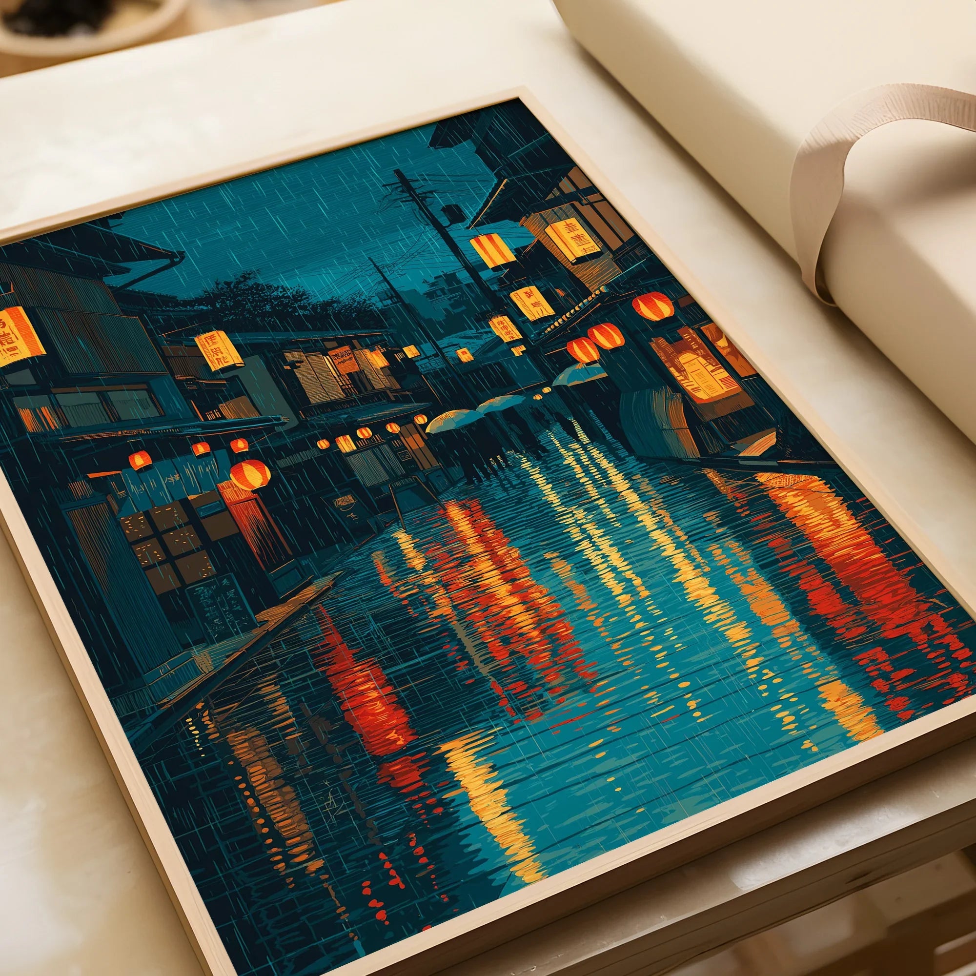 Framed art print of a rainy Japanese street with glowing lanterns and colorful reflections