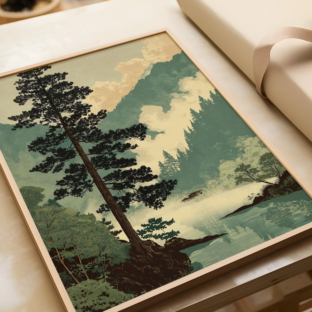 Framed Japanese woodblock art print featuring a serene forest and misty lake landscape.