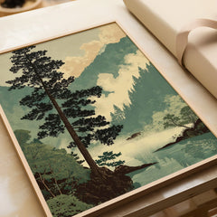 Framed Japanese woodblock art print featuring a serene forest and misty lake landscape.