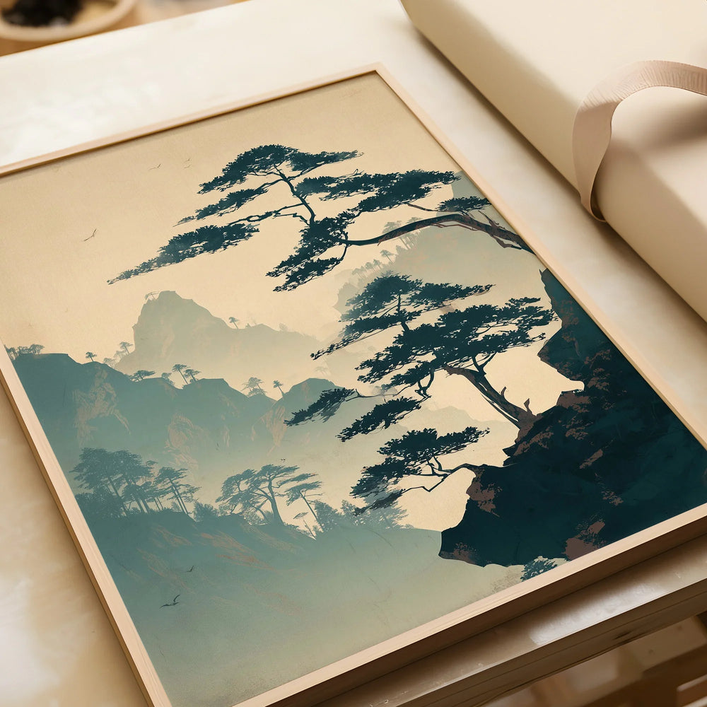 Framed Japanese woodblock art print with misty mountains and pine trees, closeup view